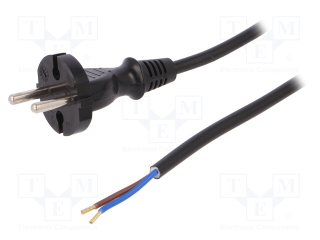 Cable; CEE 7/17 (C) plug,wires; 1.5m; black; PVC; 2x1mm2; 16A; 250V