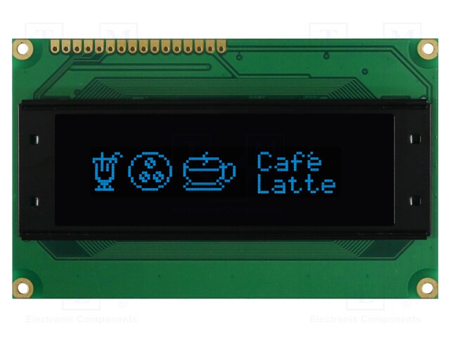 Display: OLED; graphical; 2.44"; 100x32; Dim: 98x60x10mm; blue; 5VDC