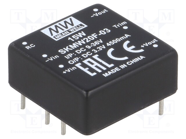 Converter: DC/DC; 20W; Uin: 9÷36V; 3.3VDC; Iout: 0÷4500mA; 1"x1",DIP