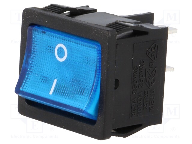 ROCKER; DPST; Pos: 2; OFF-ON; 6A/250VAC; blue; neon lamp 250V; 50mΩ