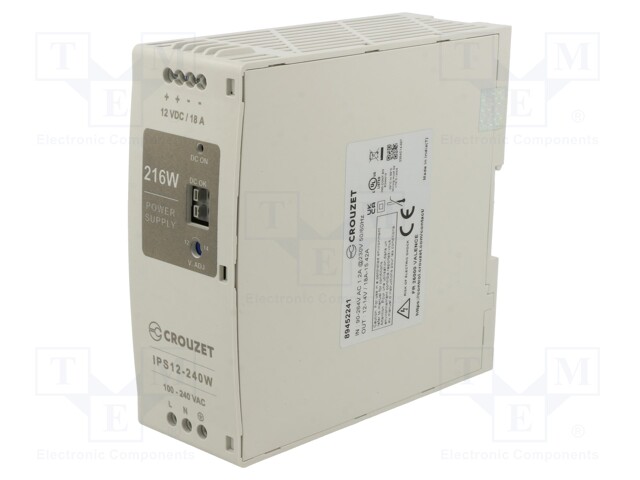 Power supply: switched-mode; for DIN rail; 216W; 12VDC; 18A; 645g