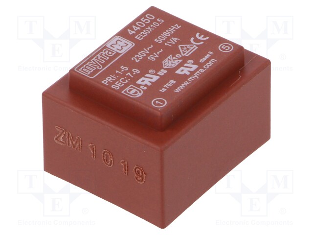 Transformer: encapsulated; 1VA; 230VAC; 9V; 111mA; Mounting: PCB