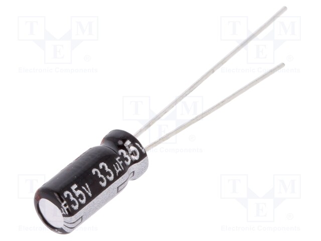 Capacitor: electrolytic; THT; 33uF; 35VDC; Ø5x11mm; Pitch: 2mm; ±20%