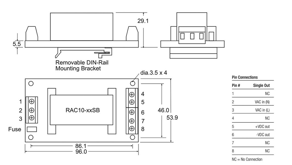 Converter: AC/DC; 10W; Uout: 24VDC; Iout: 417mA; 77%; Series: RAC10-B