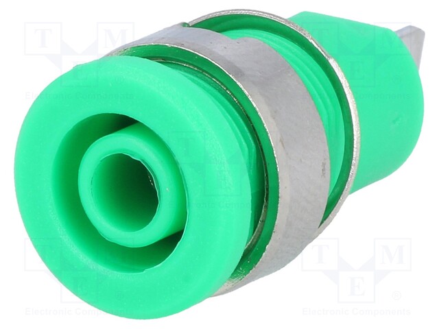 Socket; 4mm banana; 32A; green; nickel plated; on panel; insulated