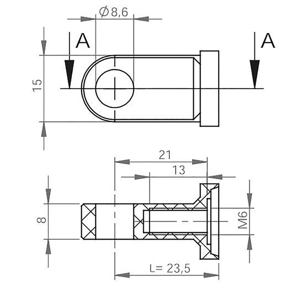 Mounting element for gas spring; Mat: plastic; 8.6mm; Thread: M6