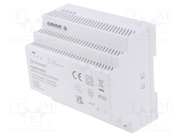 Power supply: switched-mode; for DIN rail; 135.6W; 12VDC; 11.3A