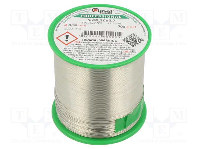 Soldering wire; Sn99,3Cu0,7; 0.5mm; 500g; lead free; Package: reel