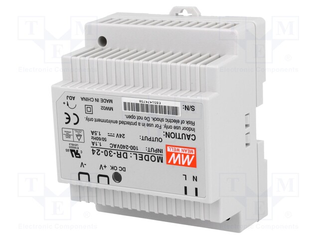 Power supply: switched-mode; 30W; 24VDC; 21.6÷26.4VDC; 1.5A; 270g