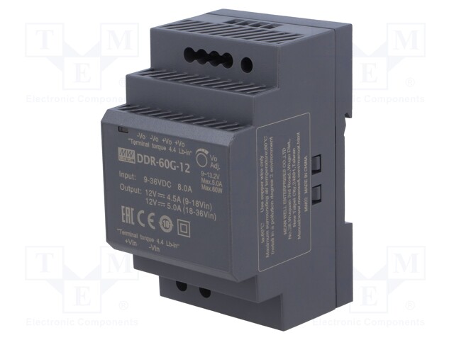 Power supply: DC/DC; 60W; 12VDC; 5A; 9÷36VDC; Mounting: DIN; 216g