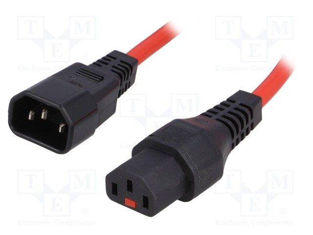 Cable; IEC C13 female,IEC C14 male; 3m; with locking; red; PVC