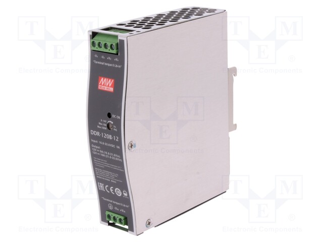 Power supply: DC/DC; 120W; 12VDC; 10A; 16.8÷33.6VDC; Mounting: DIN