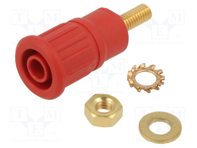 Socket; 4mm banana; 32A; 1kV; red; gold-plated; on panel; insulated