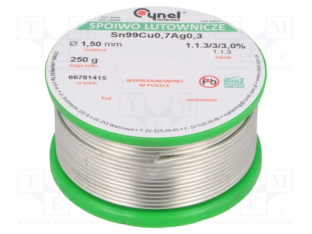 Soldering wire; Sn99Ag0,3Cu0,7; 1.5mm; 250g; lead free; 216÷227°C