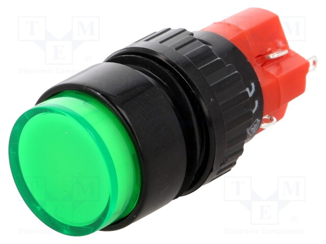 Switch: push-button; Pos: 2; SPDT; 3A/220VAC; 2A/24VDC; green; green