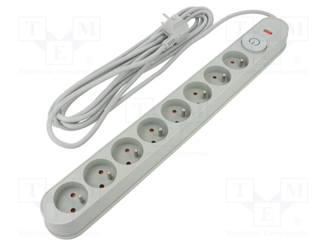 Plug socket strip: protective; Sockets: 8; 230VAC; 10A; grey; 5m