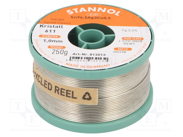 Soldering wire; Sn96,5Ag3,0Cu0,5; 1mm; 250g; lead free; 2.5%