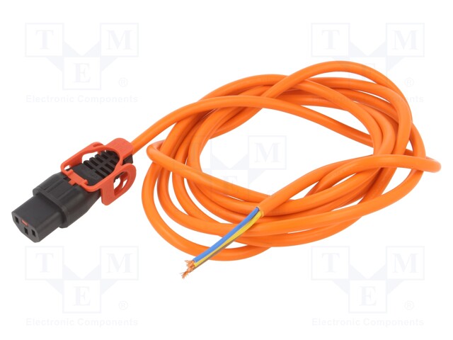 Cable; IEC C13 female,wires; 3m; with IEC LOCK+ locking; orange