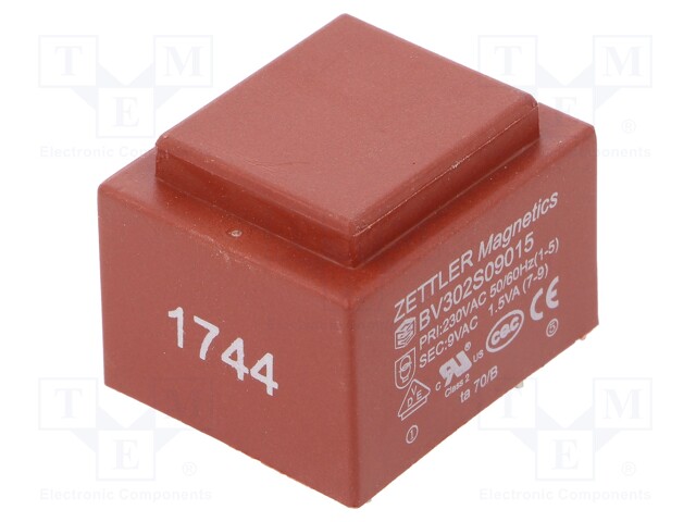 Transformer: encapsulated; 1.5VA; 230VAC; 9V; 167mA; Mounting: PCB