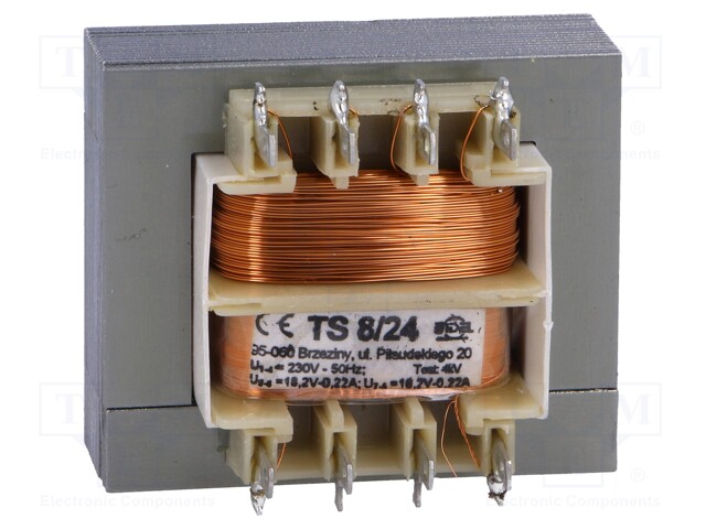 Transformer: mains; 8VA; 230VAC; 18.2V; 18.2V; 0.22A; 0.22A; IP00