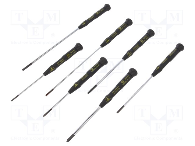 Screwdrivers; Pcs: 7; precision,ESD; Bit: Phillips,slot