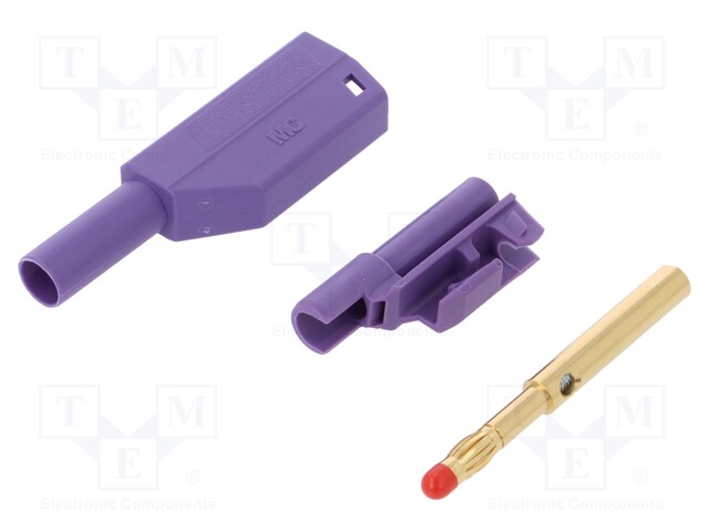 Plug; 4mm banana; 32A; 1kV; violet; with 4mm axial socket; 2.5mm2