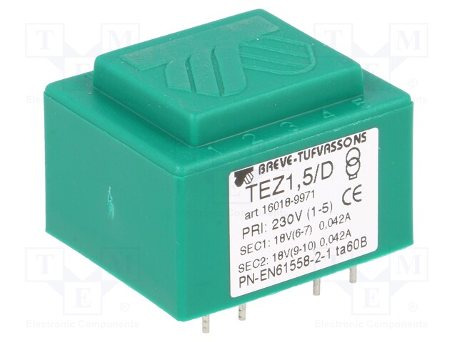 Transformer: encapsulated; 1.5VA; 230VAC; 18V; 18V; 41.6mA; 41.6mA