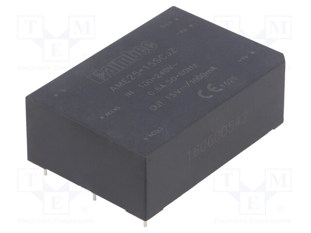 Converter: AC/DC; 25W; Uout: 15VDC; Iout: 1.6A; 83%; Mounting: PCB