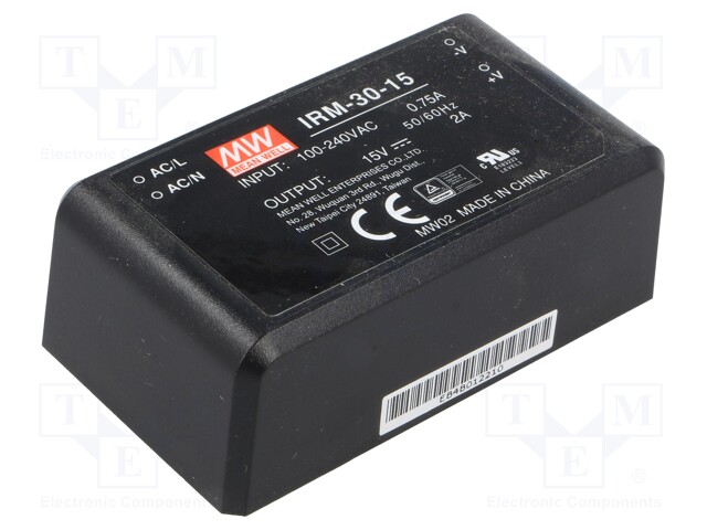 Power supply: switched-mode; modular; 30W; 15VDC; 69.5x39x24mm; 2A