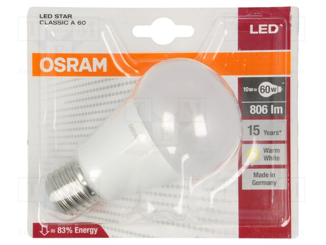 LED lamp; warm white; E27; 230VAC; 806lm; 8W