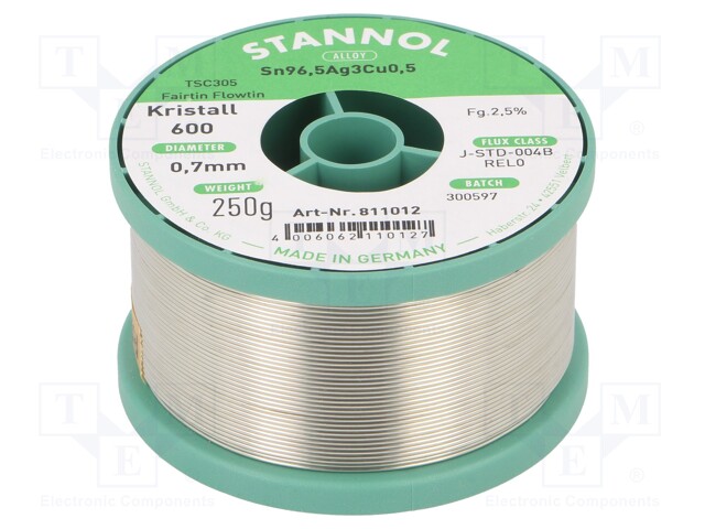 Soldering wire; Sn96,5Ag3,0Cu0,5; 0.7mm; 250g; lead free; 2.5%