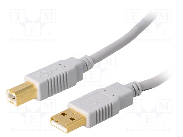 Cable; USB 2.0; USB A plug,USB B plug; gold-plated; 5m; grey