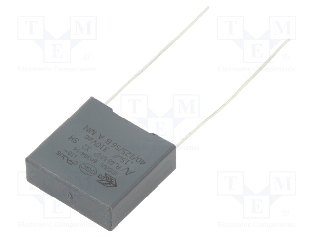 Capacitor: polypropylene; X2; 0.1uF; 15mm; ±20%; 18x12x6mm; 310VAC