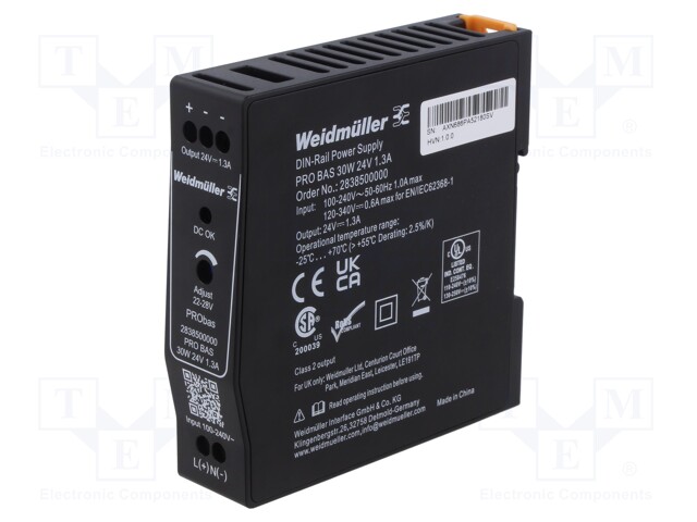 Power supply: switched-mode; for DIN rail; 30W; 24VDC; 1.3A; 163g