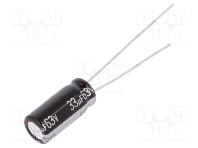 Capacitor: electrolytic; THT; 33uF; 63VDC; Ø6.3x15mm; Pitch: 2.5mm