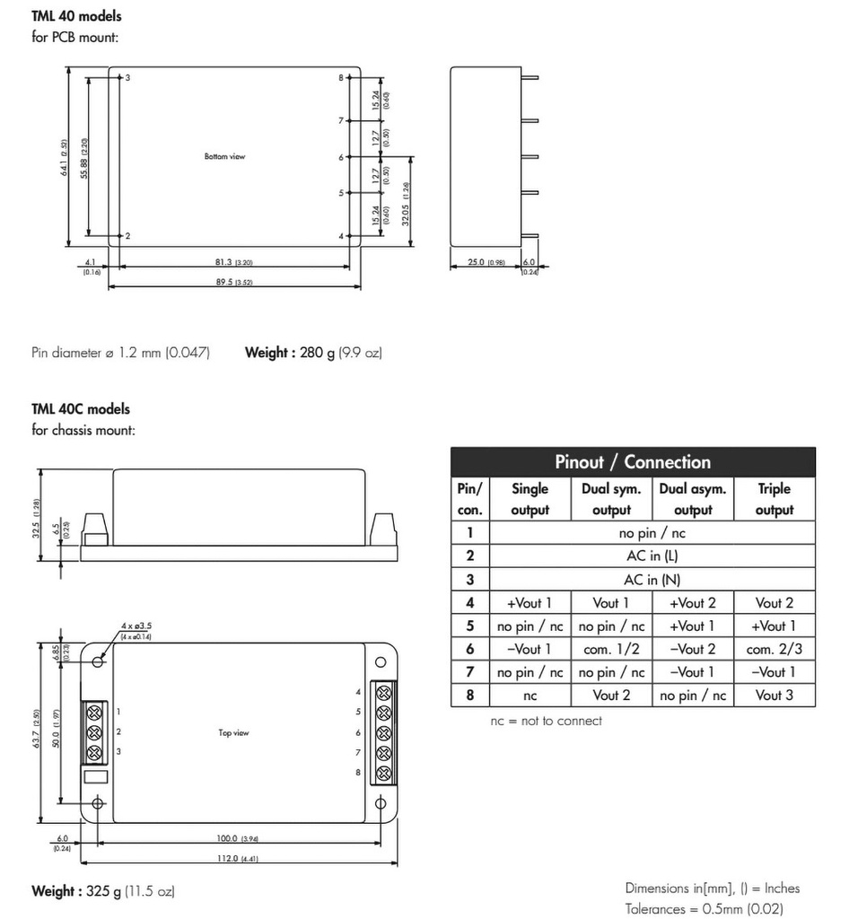 Converter: AC/DC; 40W; Uout: 5VDC; Iout: 8000mA; 84%; Mounting: PCB