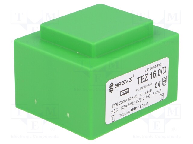 Transformer: encapsulated; 16VA; 230VAC; 12V; 12V; 666.6mA; 666.6mA