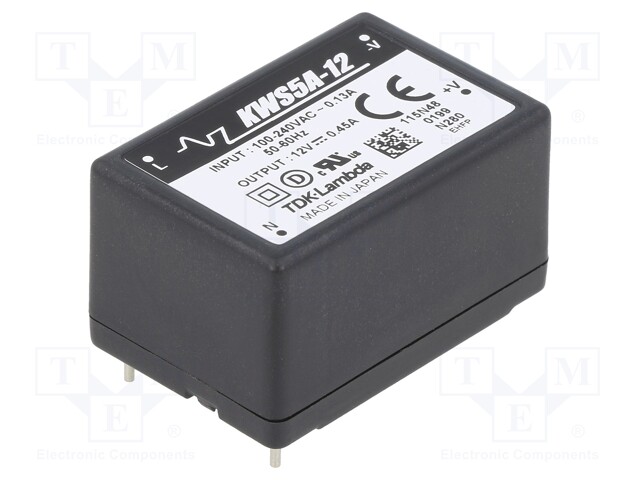 Converter: AC/DC; 5.4W; Uout: 12VDC; Iout: 450mA; 75÷78%; 85÷265VAC