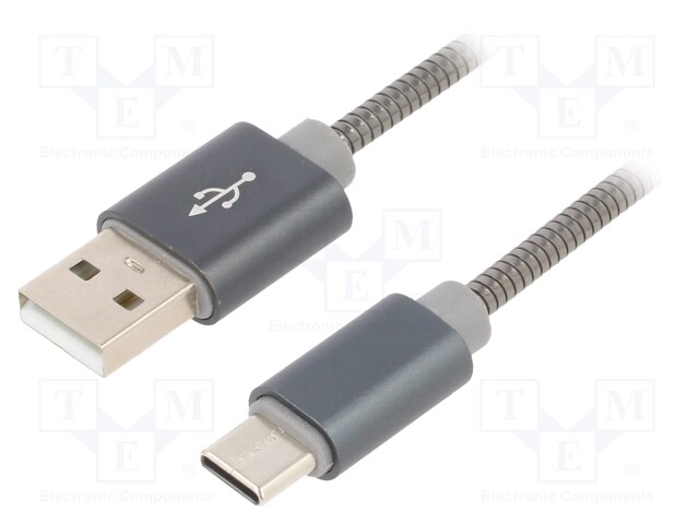 Cable; USB 2.0; USB A plug,USB C plug; 2m; grey; 0.48Gbps; textile