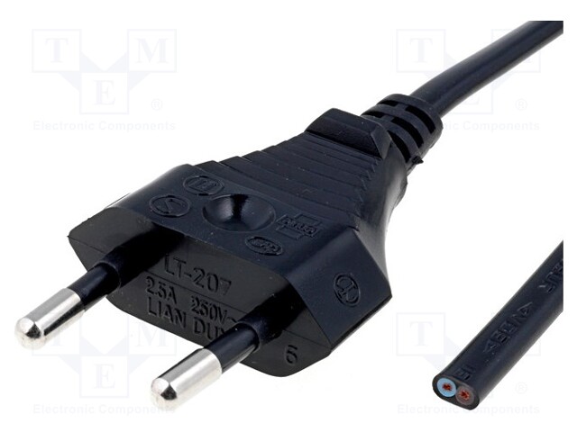 Cable; CEE 7/16 (C) plug,wires; 1.8m; black; PVC; 2x0,5mm2; 2.5A