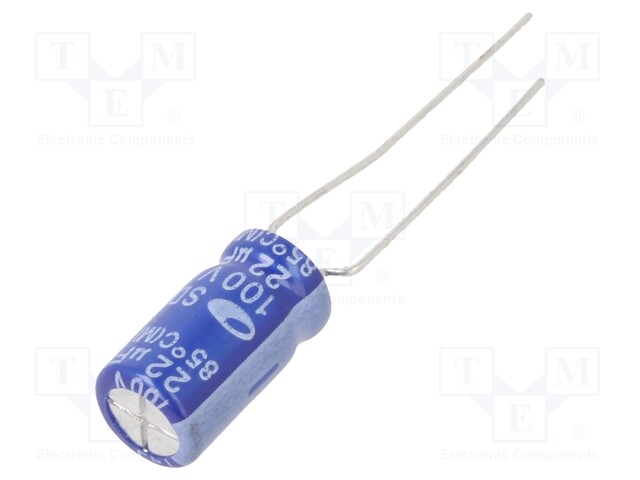 Capacitor: electrolytic; THT; 22uF; 100VDC; Ø6.3x11mm; ±20%; 2000h