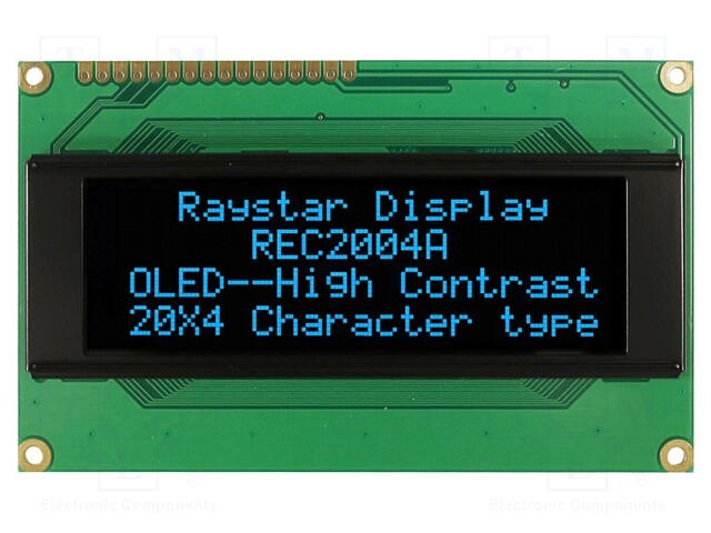 Display: OLED; alphanumeric; 20x4; Dim: 98x60x10mm; blue; PIN: 16