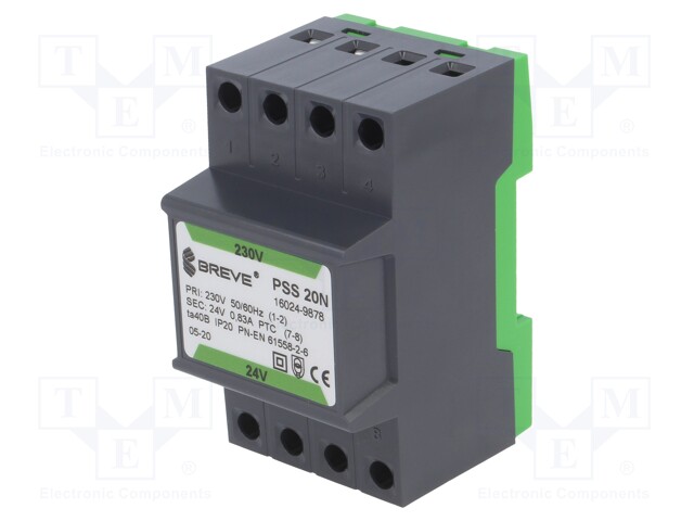 Transformer: safety; 20VA; 230VAC; 24V; IP30; Mounting: DIN