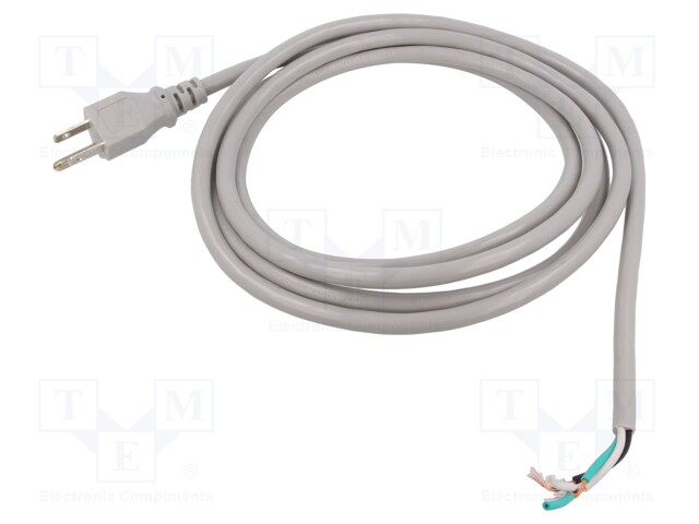 Cable; NEMA 5-15 (B) plug,wires; PVC; 2.4m; grey; 3x18AWG; 10A