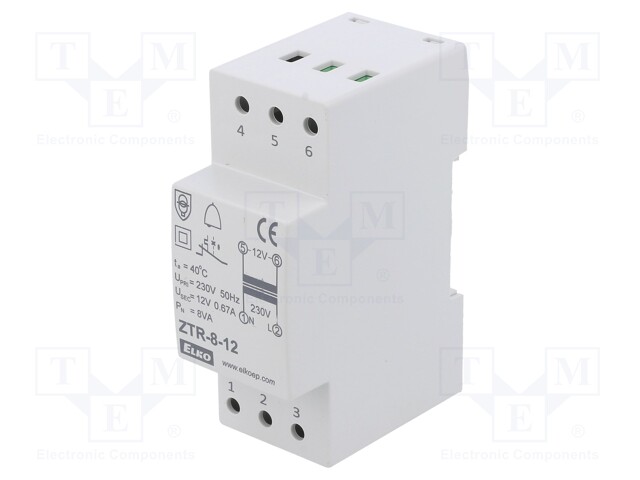 Transformer: mains; 8VA; 230VAC; 12V; Leads: screw terminals; IP20