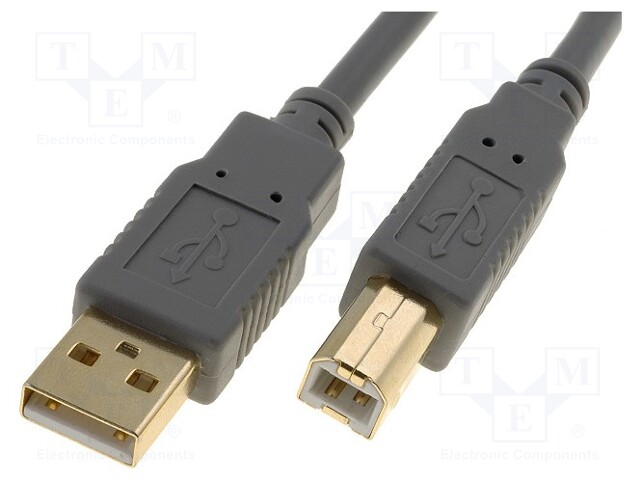 Cable; USB 2.0; USB A plug,USB B plug; gold-plated; 3m; grey