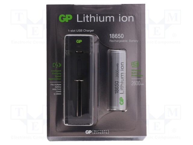 Charger: for rechargeable batteries; Li-Ion; 3.6/3.7V; 1A; 5VDC