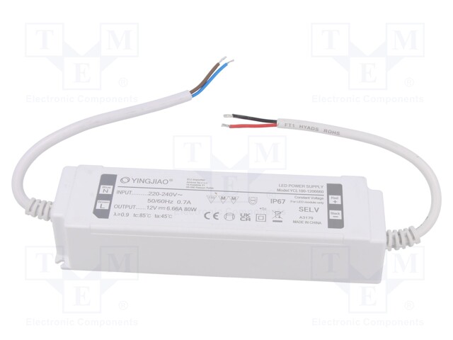 Power supply: switched-mode; LED; 80W; 12VDC; 6.66A; 220÷240VAC