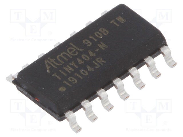 AVR microcontroller; EEPROM: 128B; SRAM: 256B; Flash: 4kB; SO14