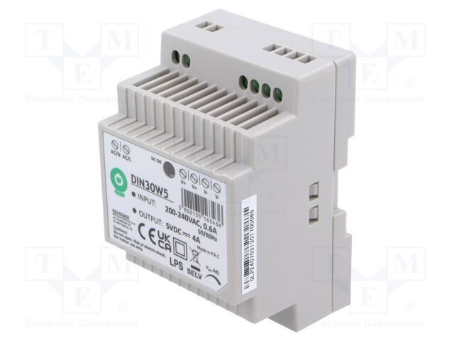 Power supply: switching; for DIN rail; 20W; 5VDC; 4A; 180÷264VAC